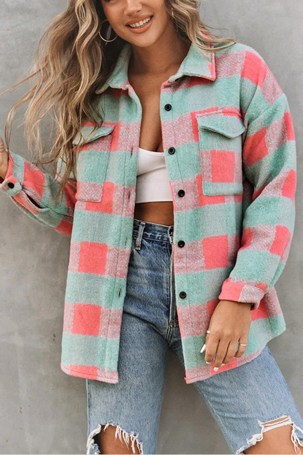 Pink Plaid Colorblock Casual Oversized Jacket