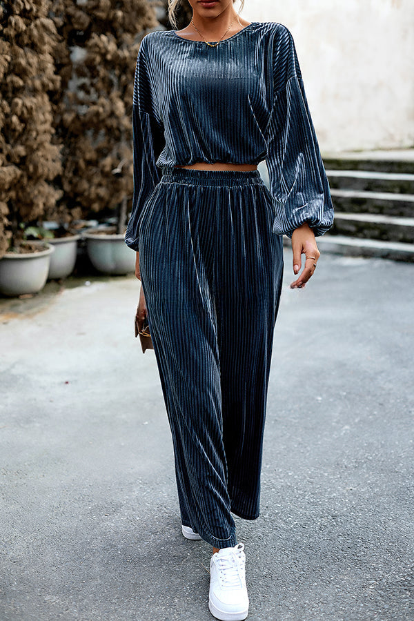 Velvet Long Sleeved Top and Wide Leg Pants Two Piece Set