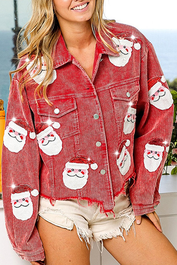 Santa Sequined Patchwork Corduroy Buttoned Fringed Pocket Coat