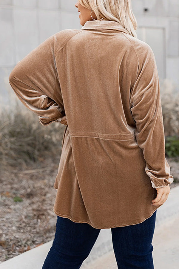 Khaki Casual Button Down Plus Size Velvet Shirt