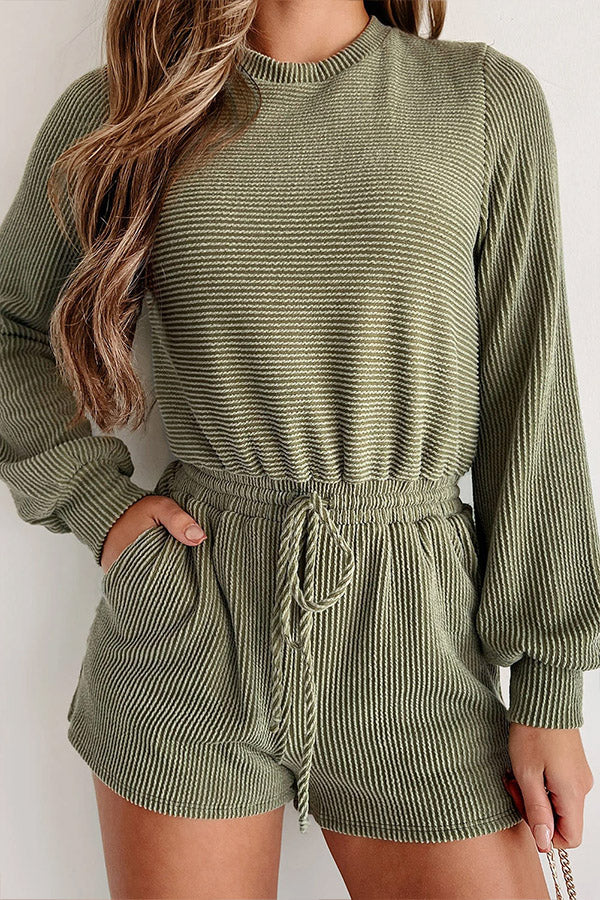 Pickle Green Corded Long Sleeve Pockets Drawstring Romper