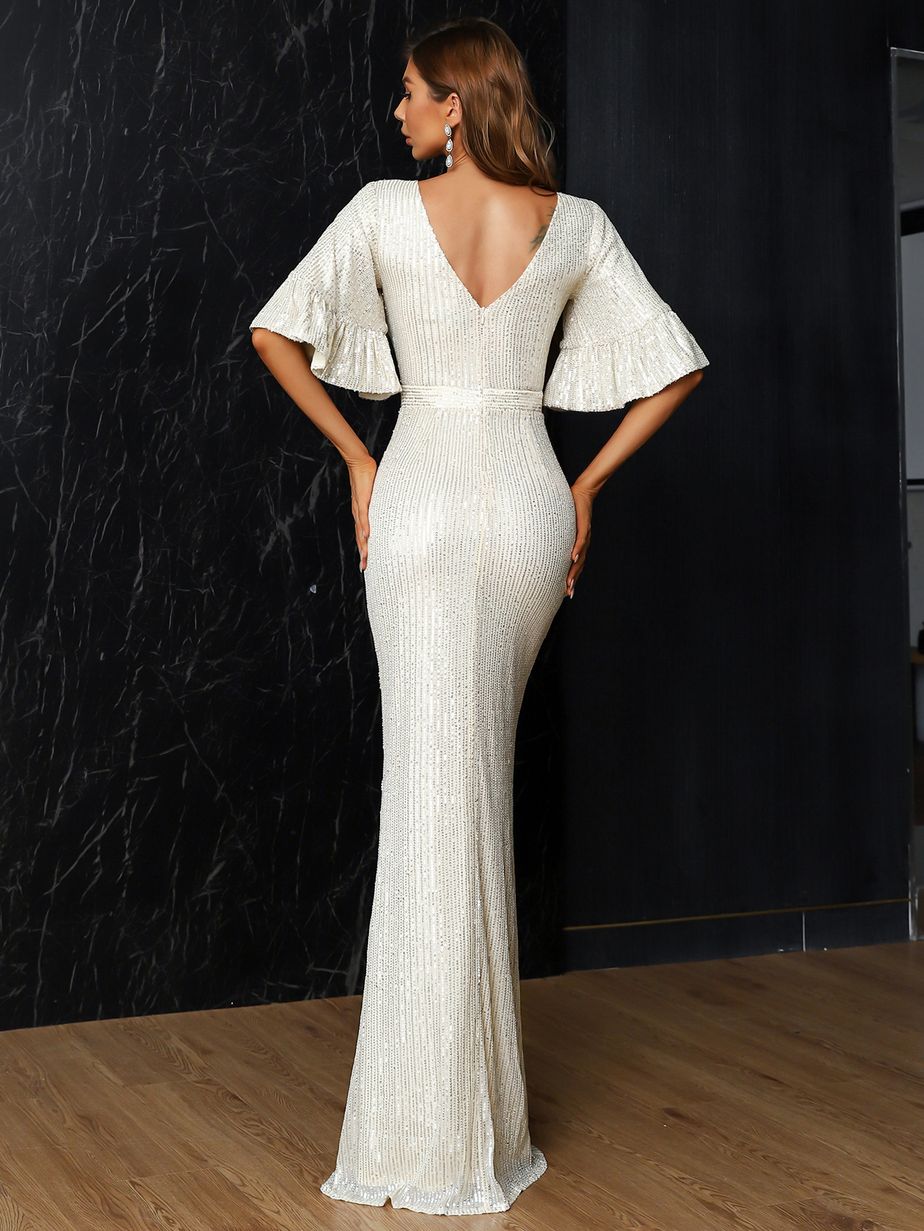 Formal V Neck Sequin White Maxi Prom Dress XH1592