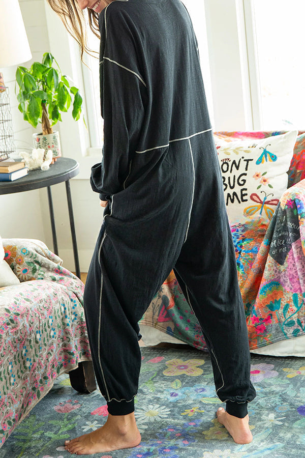 Home or Traveling Cotton Blend Long Sleeve Pocketed Loose Jumpsuit