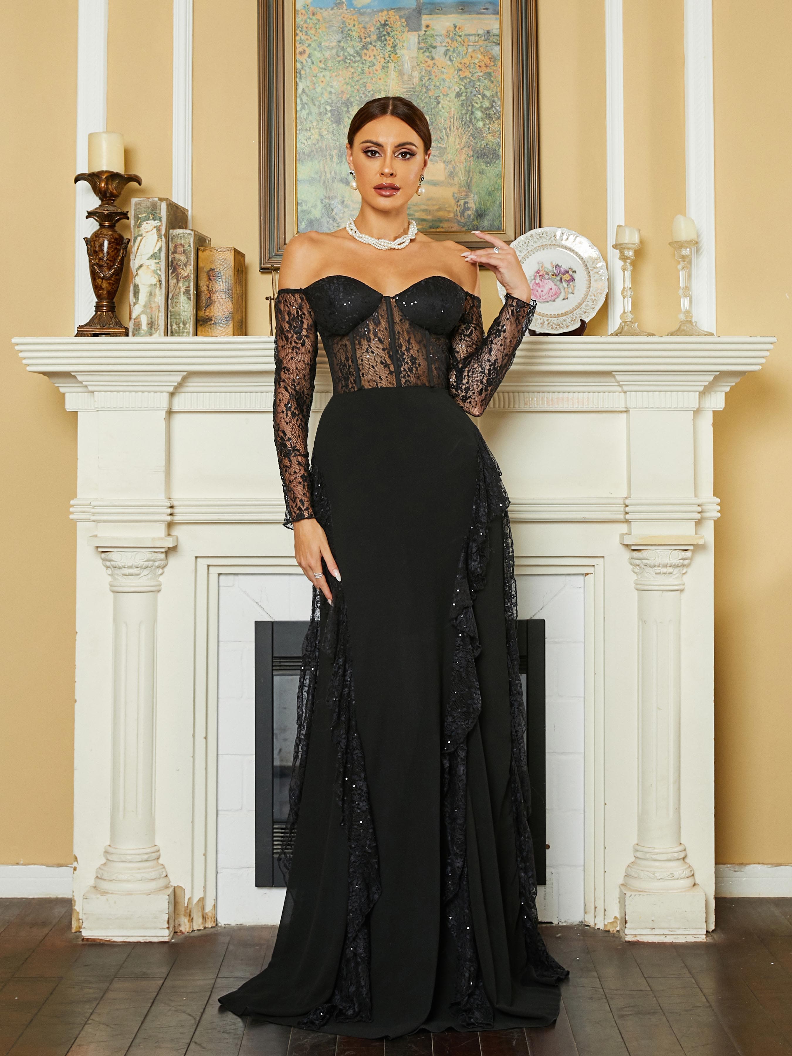 Off Shoulder Lace Panel Sequin Black Evening Dress RH30619