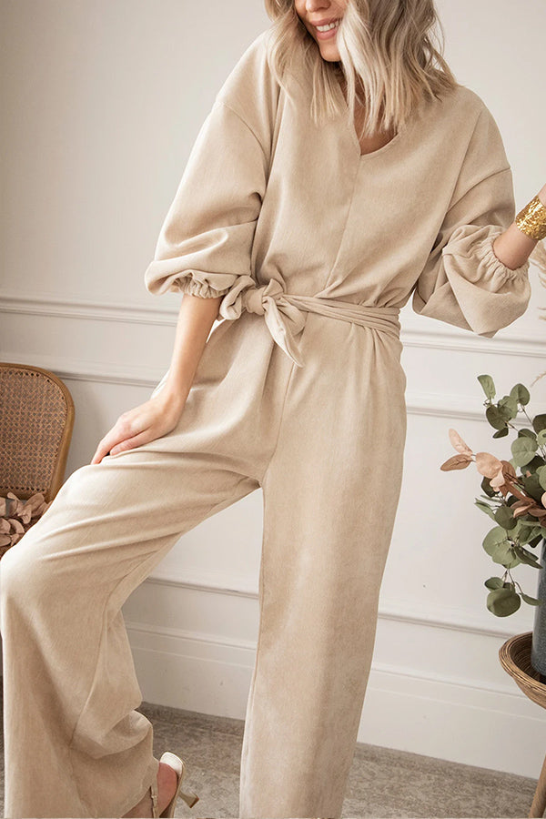 Apricot Keyhole Back V Neck Tie Waist Loose Jumpsuit