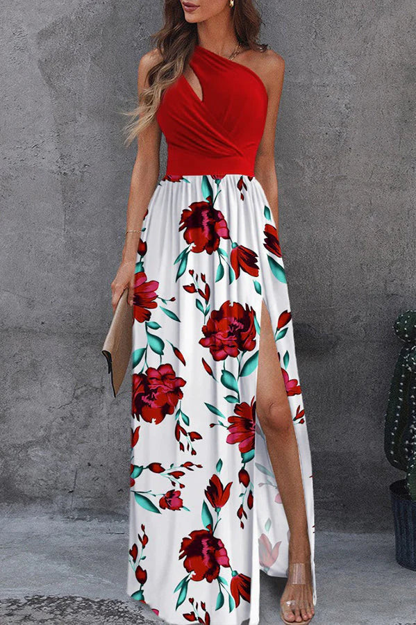 Jolie Floral One Shoulder Cutout Slit Maxi Dress