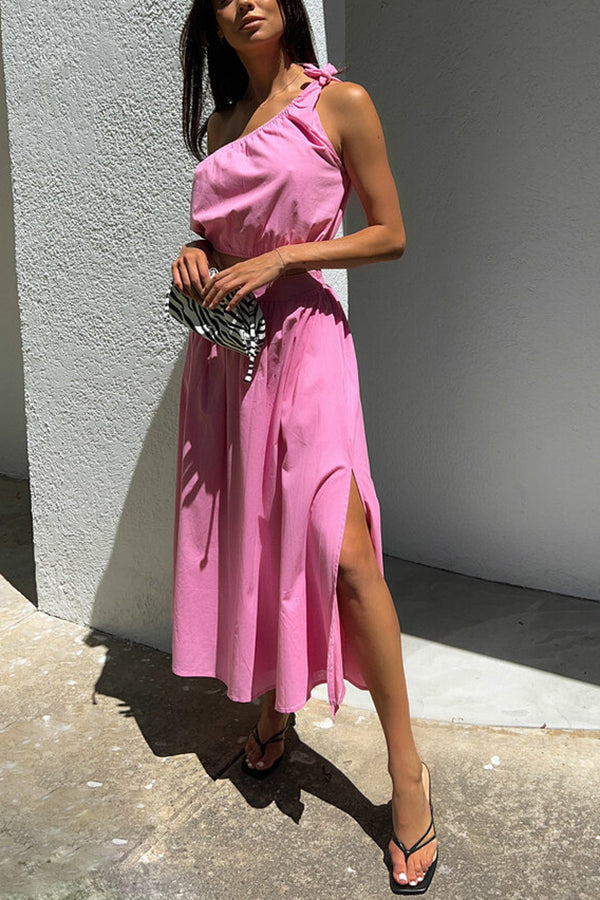 Chasing Sunshine Tie One Shoulder Pocketed Midi Skirt Set