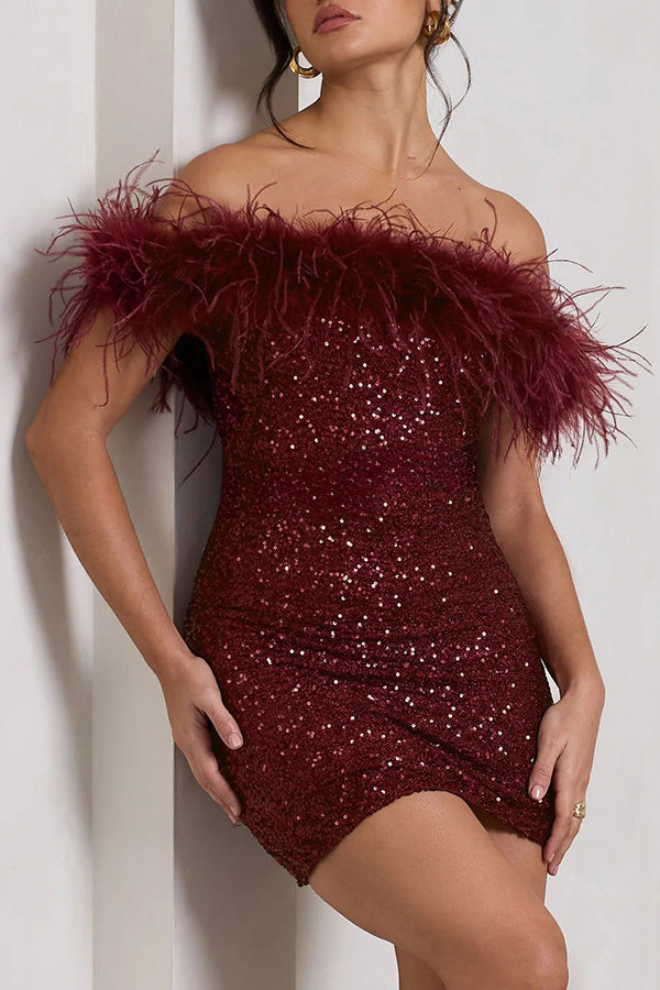 It's Show Biz Sequin Feather Trim Bodycon Mini Dress