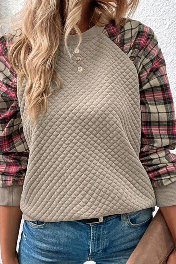 Fashionable diamond plaid patchwork long-sleeved round neck casual sweatshirt