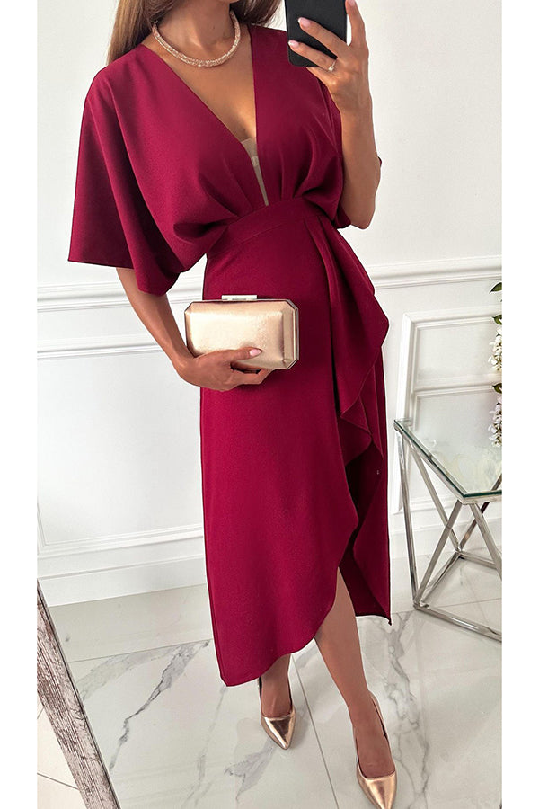 Single Tonight Dolman Sleeve Ruffled Hem Slit Midi Dress