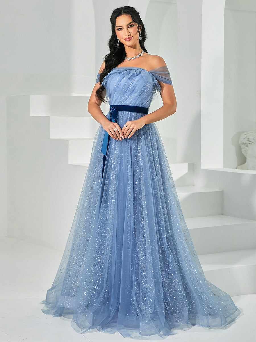 Off Shoulder Tulle Maxi Prom Dress RY40049