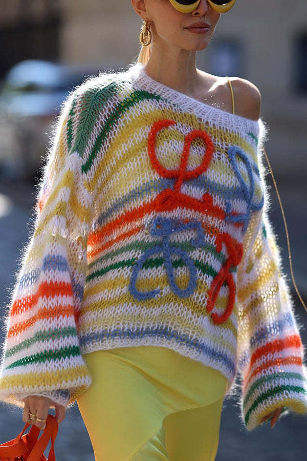 Sunset Cosy Knit Rainbow Contrast Striped Hollow Out Loose Sweater