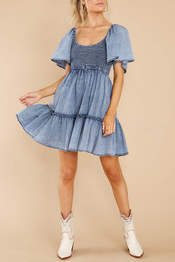 Hello Cutie Pie Denim Smocked Puff Sleeve Mini Dress