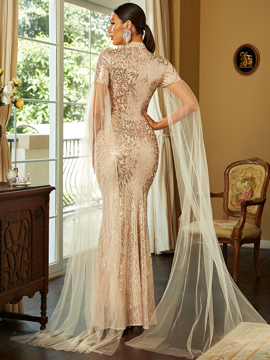 Drape Sleeve Mermaid Sequin Gold Prom Dress XH2241