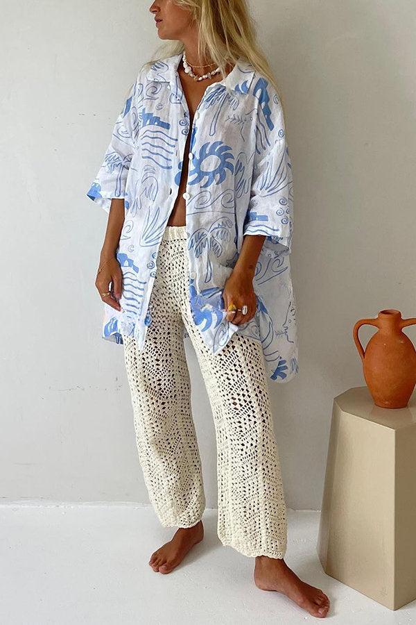 Quiet Beach Linen Blend Printed Oversized Blouse and Elastic Waist Shorts Set