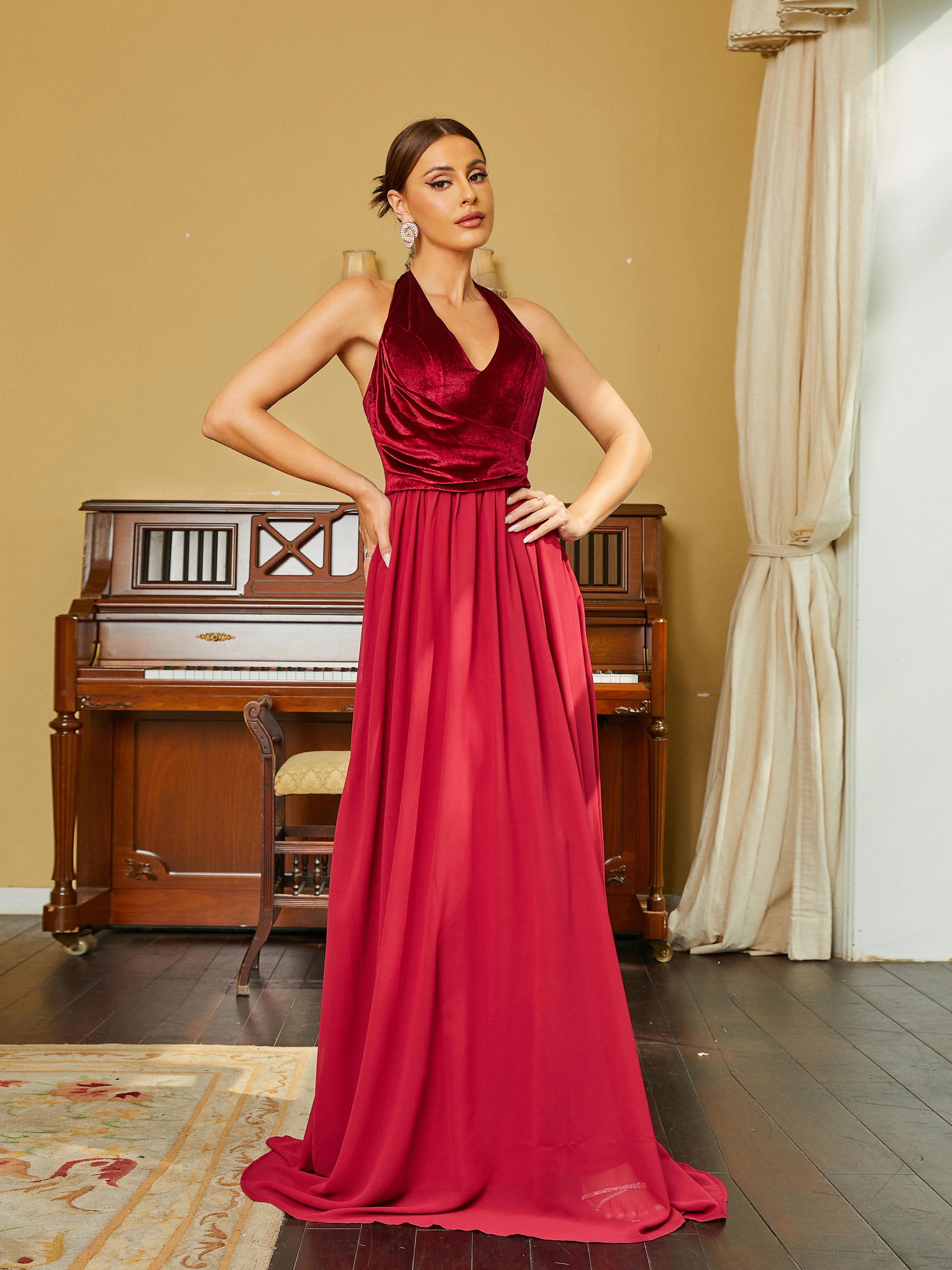 Halter A-Line Panel Chiffon Wine Prom Dress RH30611