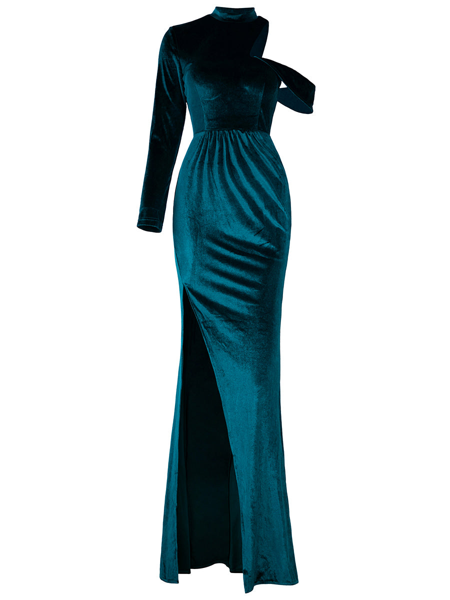 Sexy One Shoulder Off Waist Slit Velvet Dark Green Evening Dress XJ1650