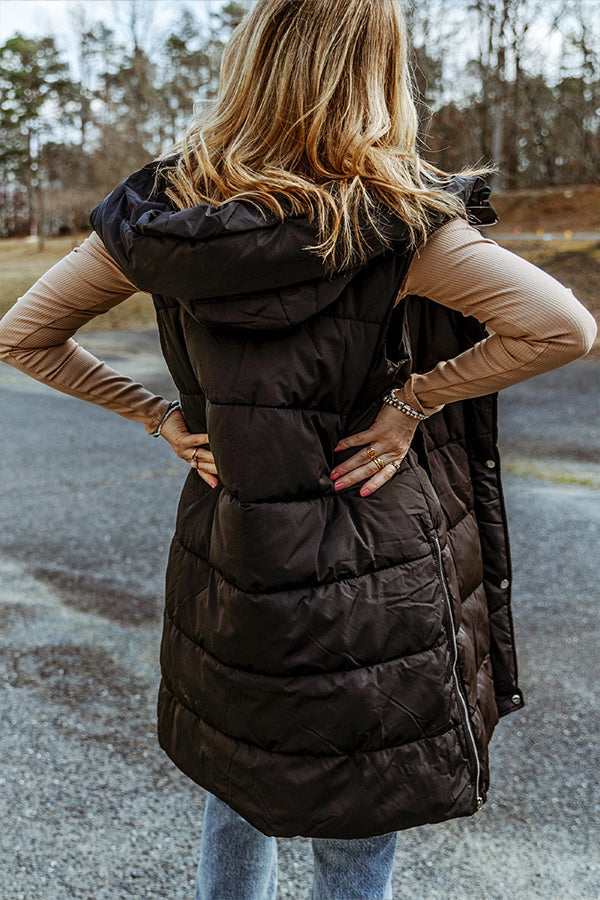 Hooded Pocketed Quilted Long Vest Coat