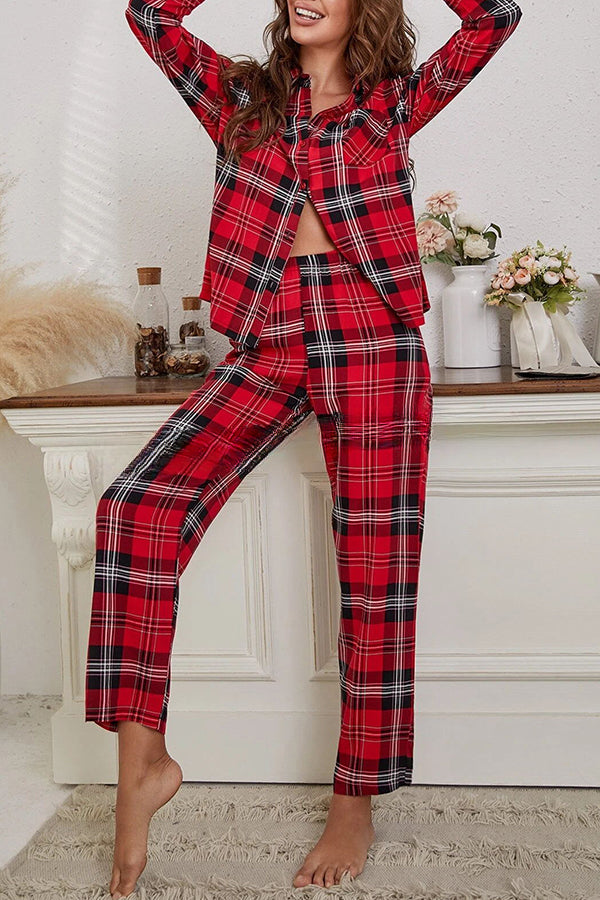 Christmas Plaid Print Pocket Button Pajama Set