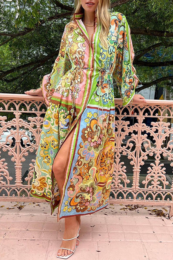 Color Block Unique Print Pocket Button Drawstring Long Sleeve Maxi Dress