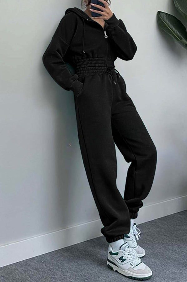 Hooded Zip Up Waist Sweatshirt and Elastic Waist Lace Up Pants Set