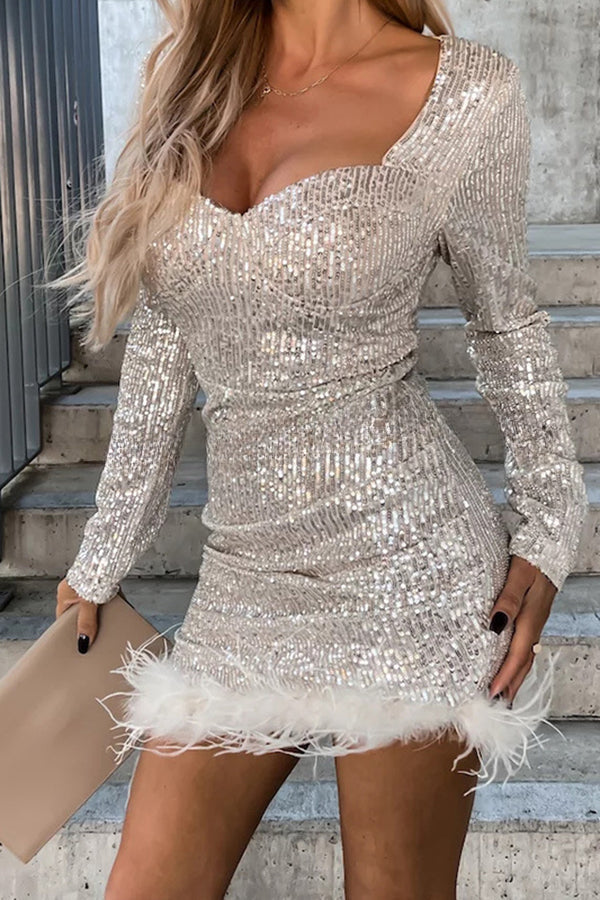 Betty Sequin Feather Long Sleeve Mini Dress