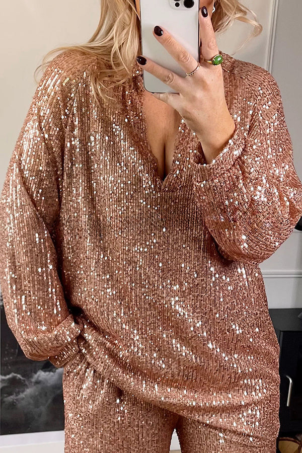 Party Energy Sequin Shirt Collar Loose Blouse