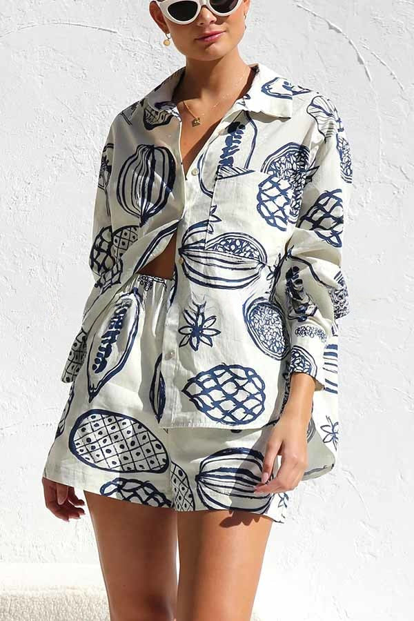 Parkside Pretty Tropical Fruit Print Loose Shirt and Elastic Waist Pocketed Shorts Set