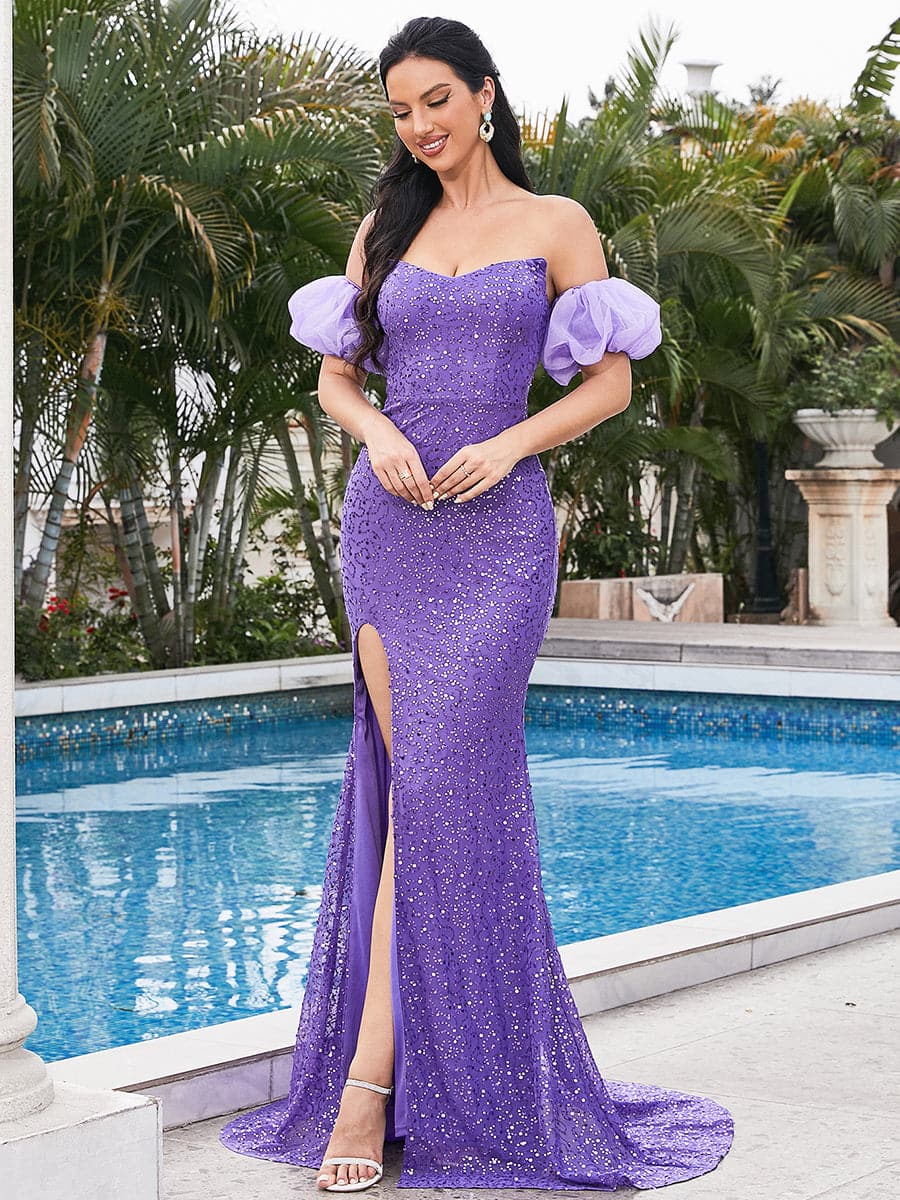 Strapless High Split Purple Evening Dress RM20011