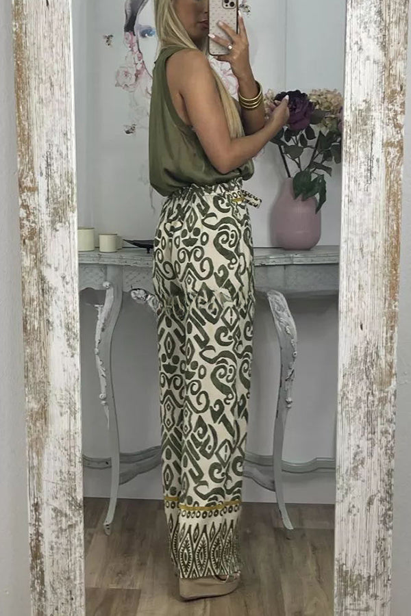 Cecilia Ethnic Print Tie Front Elastic Waist Wide Leg Pants