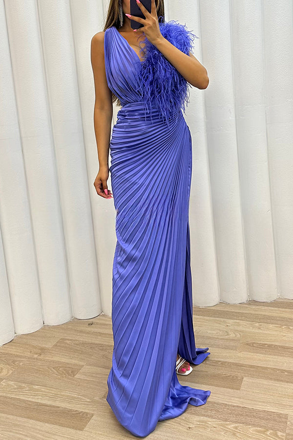 Forever Stunning Pleated Feather Trim Slit Evening Maxi Dress