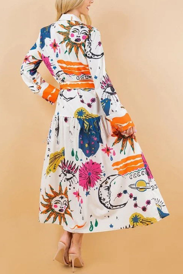 All The Attention Unique Print Long Sleeve Button Belted Shirt Midi Dress