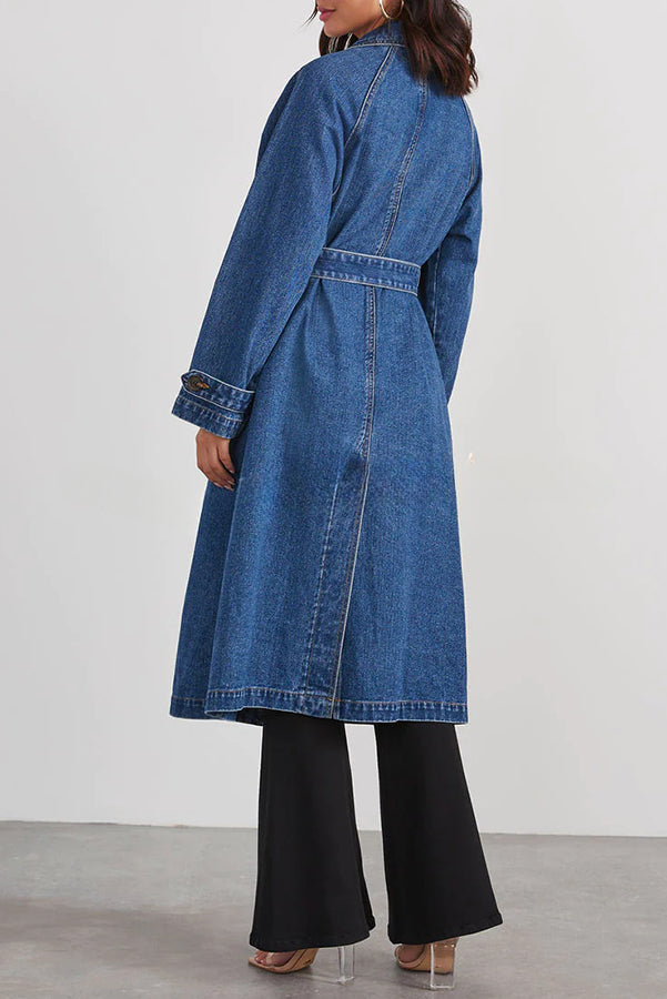 Solid Color Denim Double Pocket Button Down Midi Trench Coat