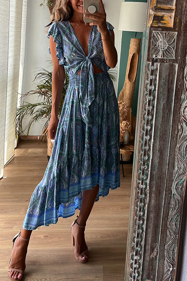 Libby Hippie Boho Printed Tie Front Ruffle Sleeve Smocked Waist Midi Dress