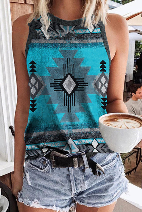 Kristina Ethnic Geometric Hippie Print Knit Tank Top