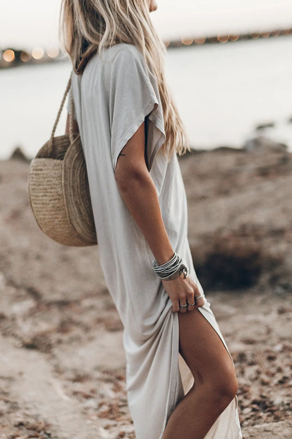 Simple and Effortless Open Sleeve Slit Oversized T-shirt Midi Dress