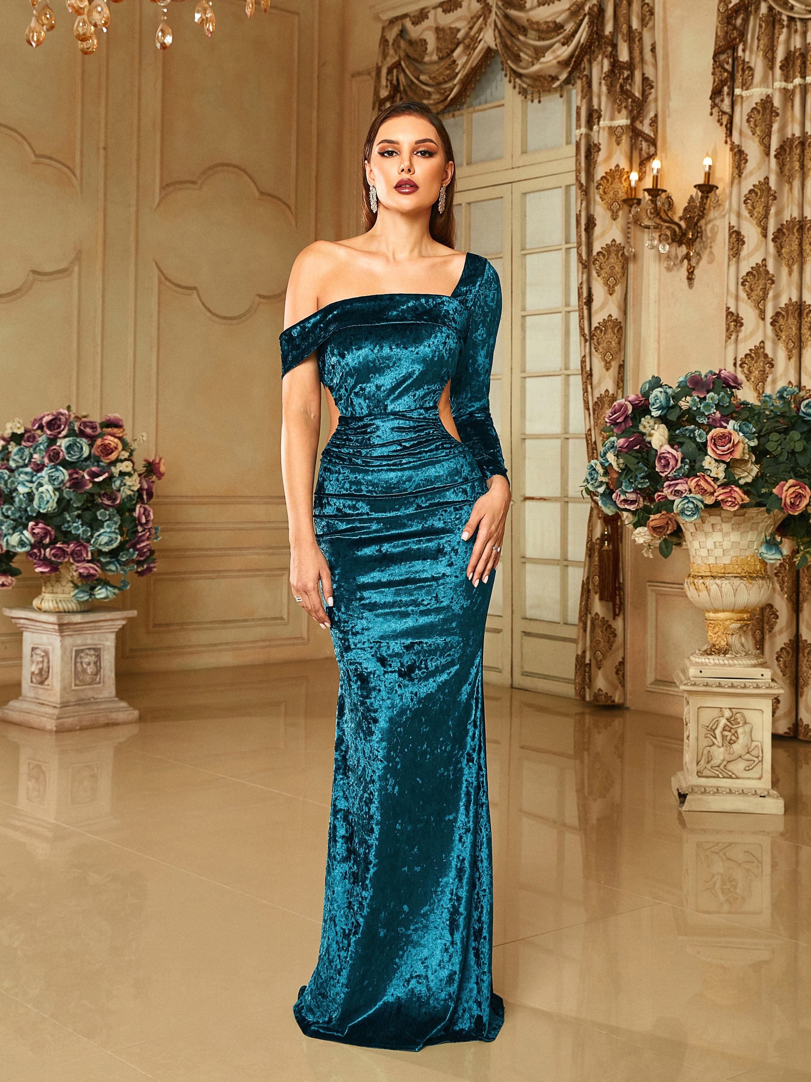 One Shoulder Velvet Cutout Mermaid Green Evening Dress RA60102