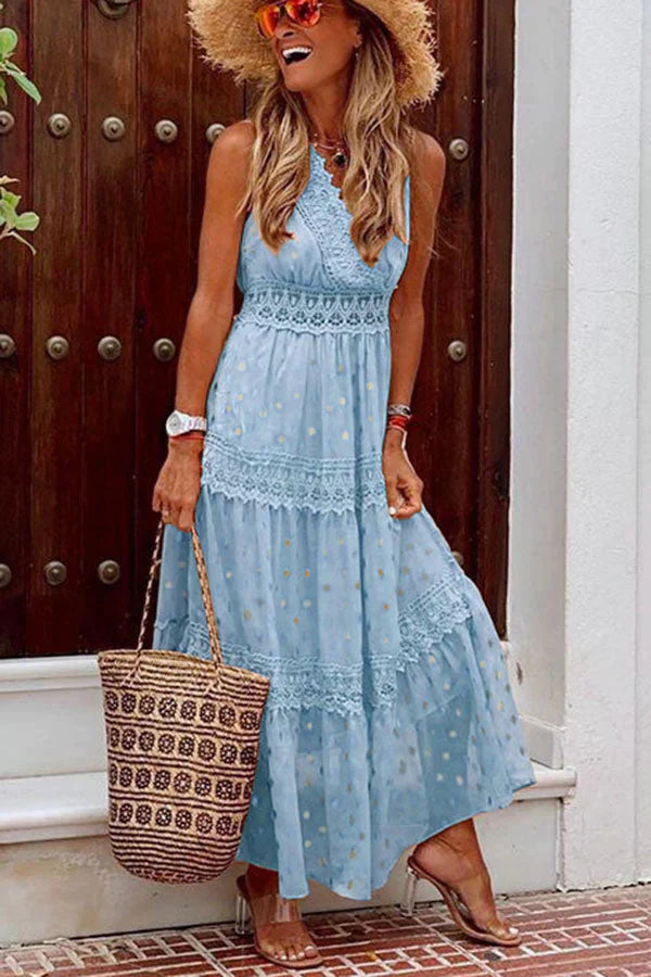 Antonia Golden Polka Dots Crochet Lace Maxi Dress