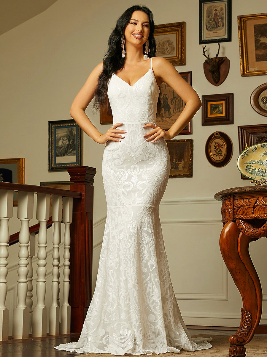 Spaghetti V Neck Mermaid Wedding Dress JMT1139