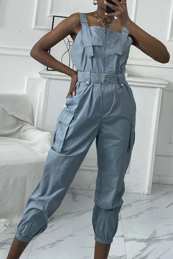 Nastia Pocket Buckle Design Cargo Suspender Jumpsuit