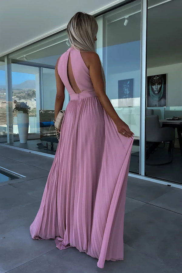 Ella Satin Halter Cutout Neck Backless Pleated Maxi Dress