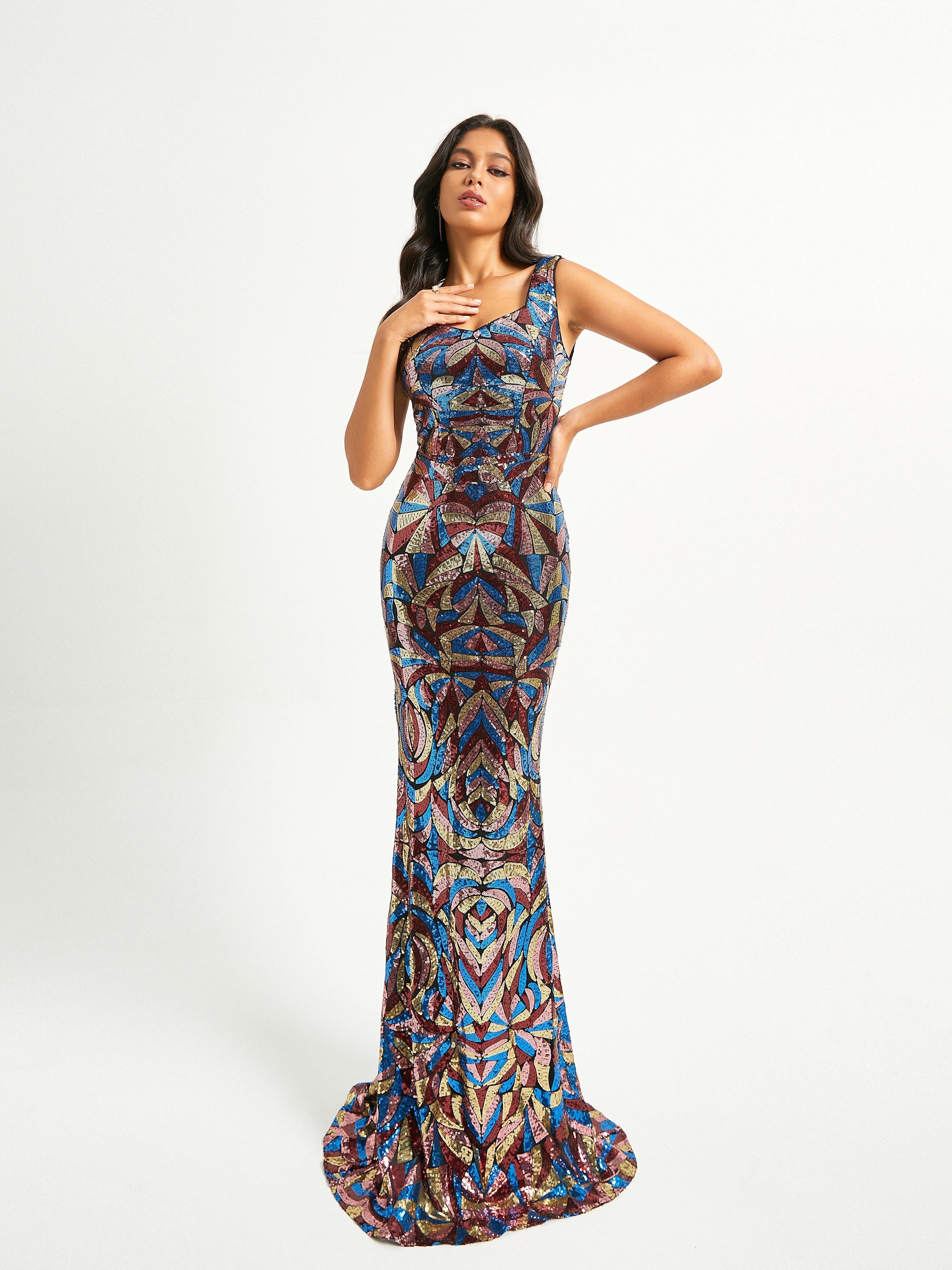 Formal Square Neck Multicolor Sequin Mermaid Dress RJ10768