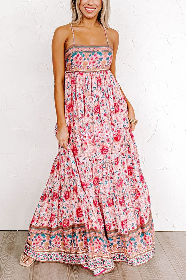 Sunny Day Darling Boho Printed Back Adjustable Tie Maxi Dress