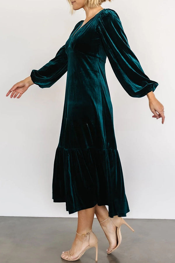 Erika Puff Sleeved Velvet Ruffled Midi Dress