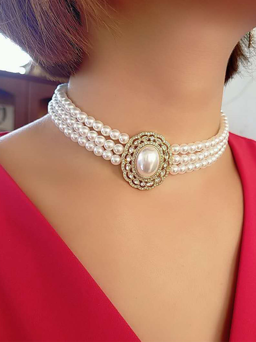 Retro Light Luxury Pearl Rhinestone Necklace MSE033124