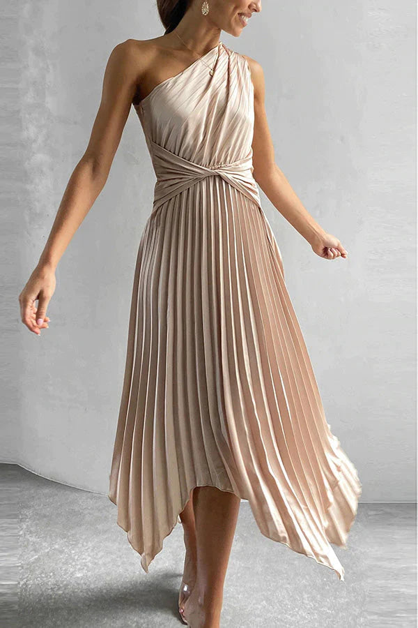 Miya Satin One Shoulder Pleated Midi Dress