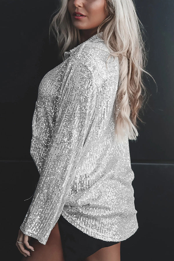 Solid color button-down long-sleeve sequined cardigan