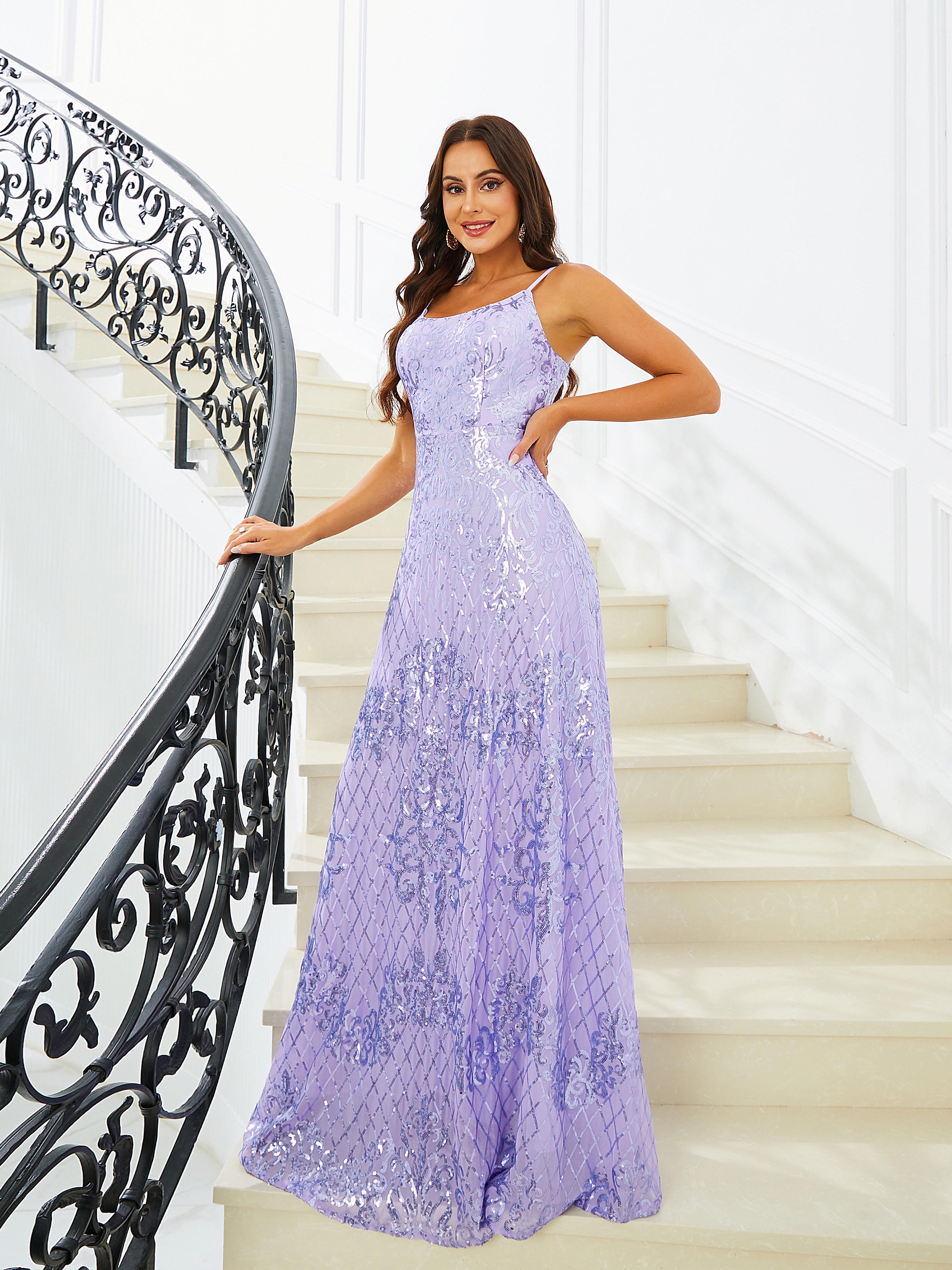 A-Line Spaghetti Sequin Evening Dress RJ10546