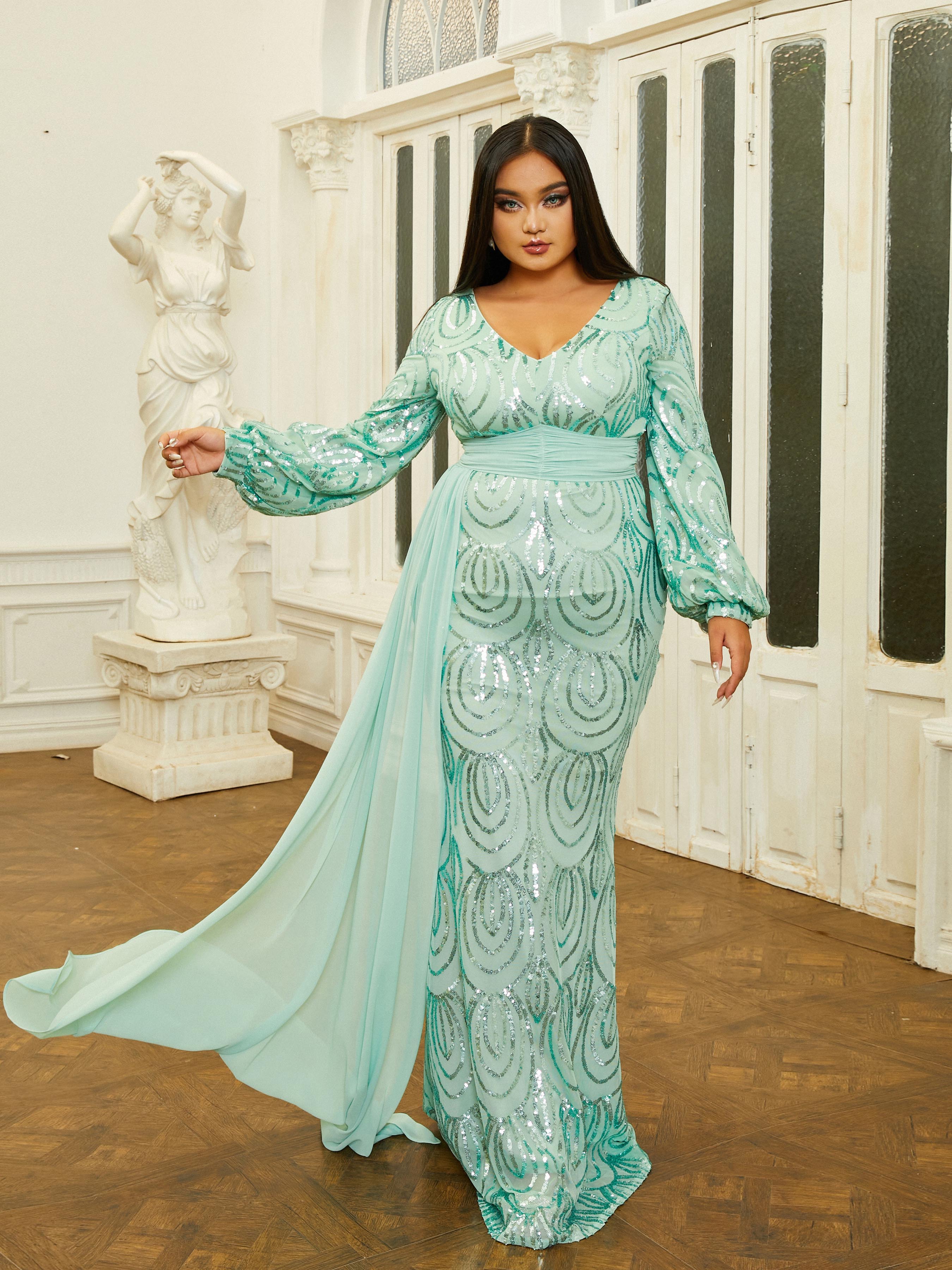 Plus Size Draping V-Neck Sage Green Sequin Evening Dress PXJ1524