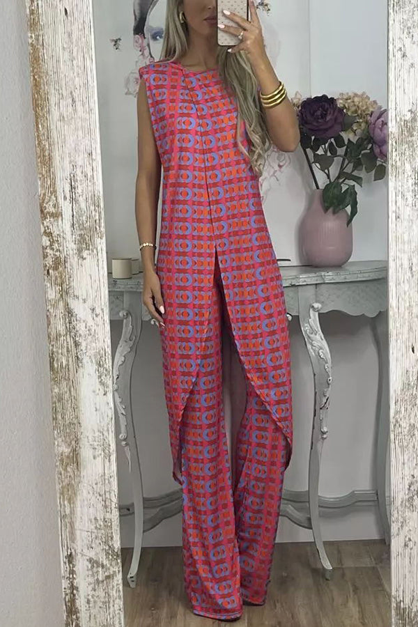 Talk about Charm Printed Front Split Midi Top and Stretch High Waist Flare Pants Set